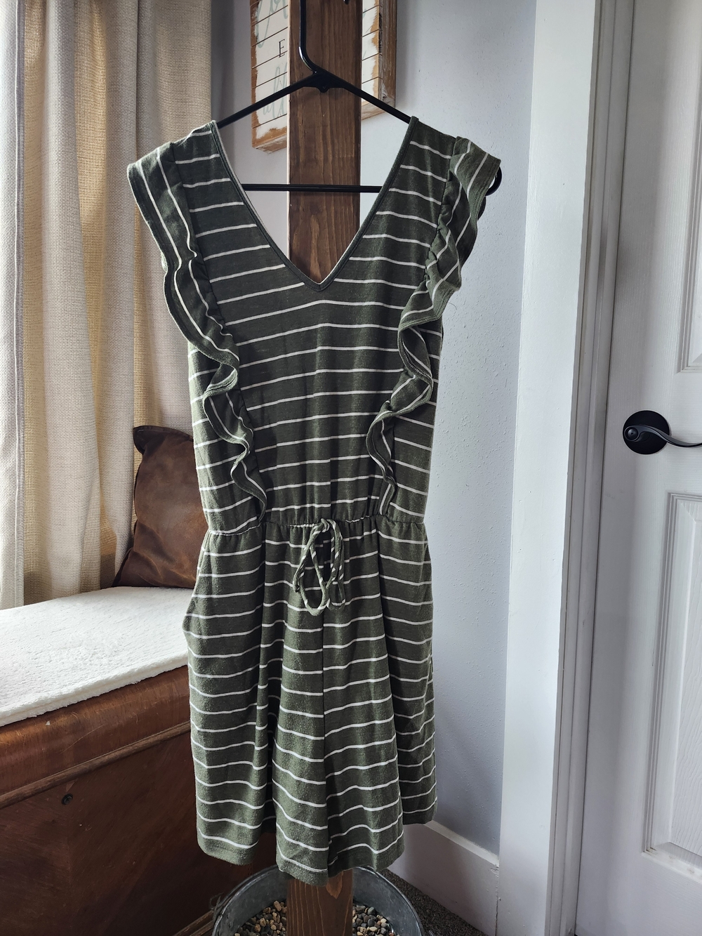 Women's Olive Green Striped V-Neck Romper, Made in USA